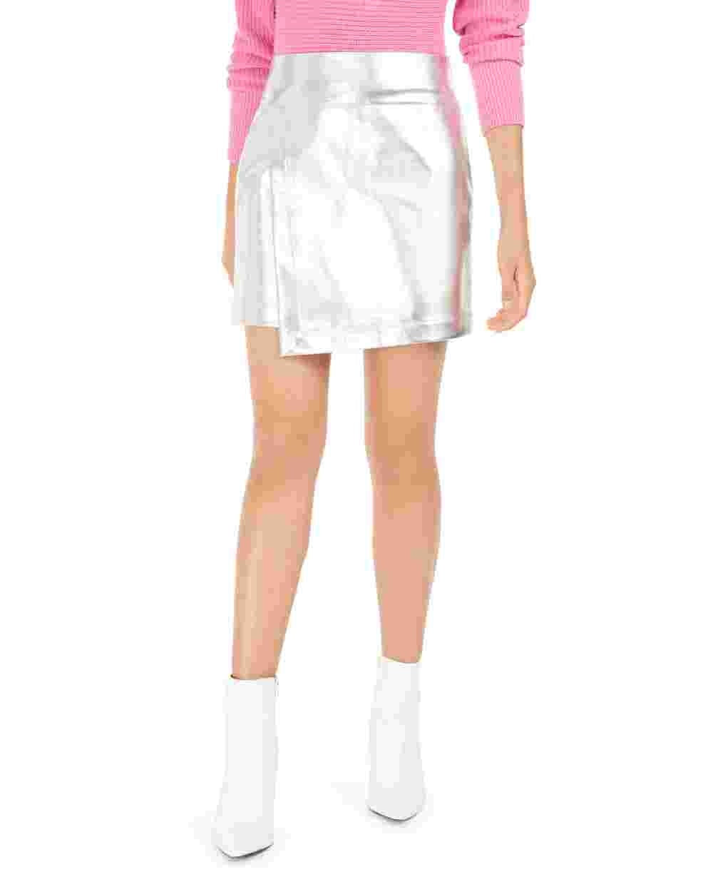 Minissaia assimétrica metálica feminina Bar III, tamanho grande, prata