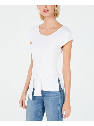 Suéter feminino Bar III com amarração na cintura e manga curta, branco, tamanho M