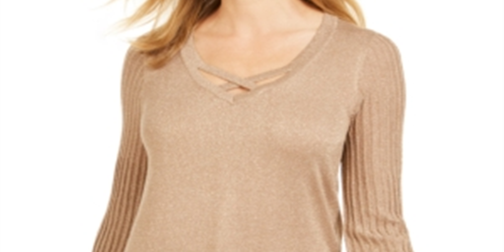 JM Collection Suéter Feminino Manga Plissada Dourado Tamanho Pequeno G