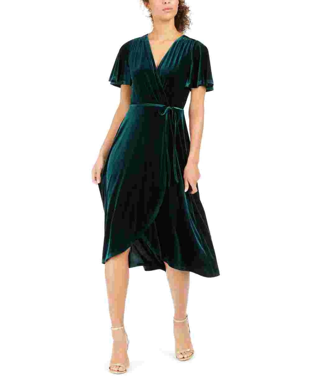 Vestido envelope falso de veludo feminino Vince Camuto, verde, tamanho 14