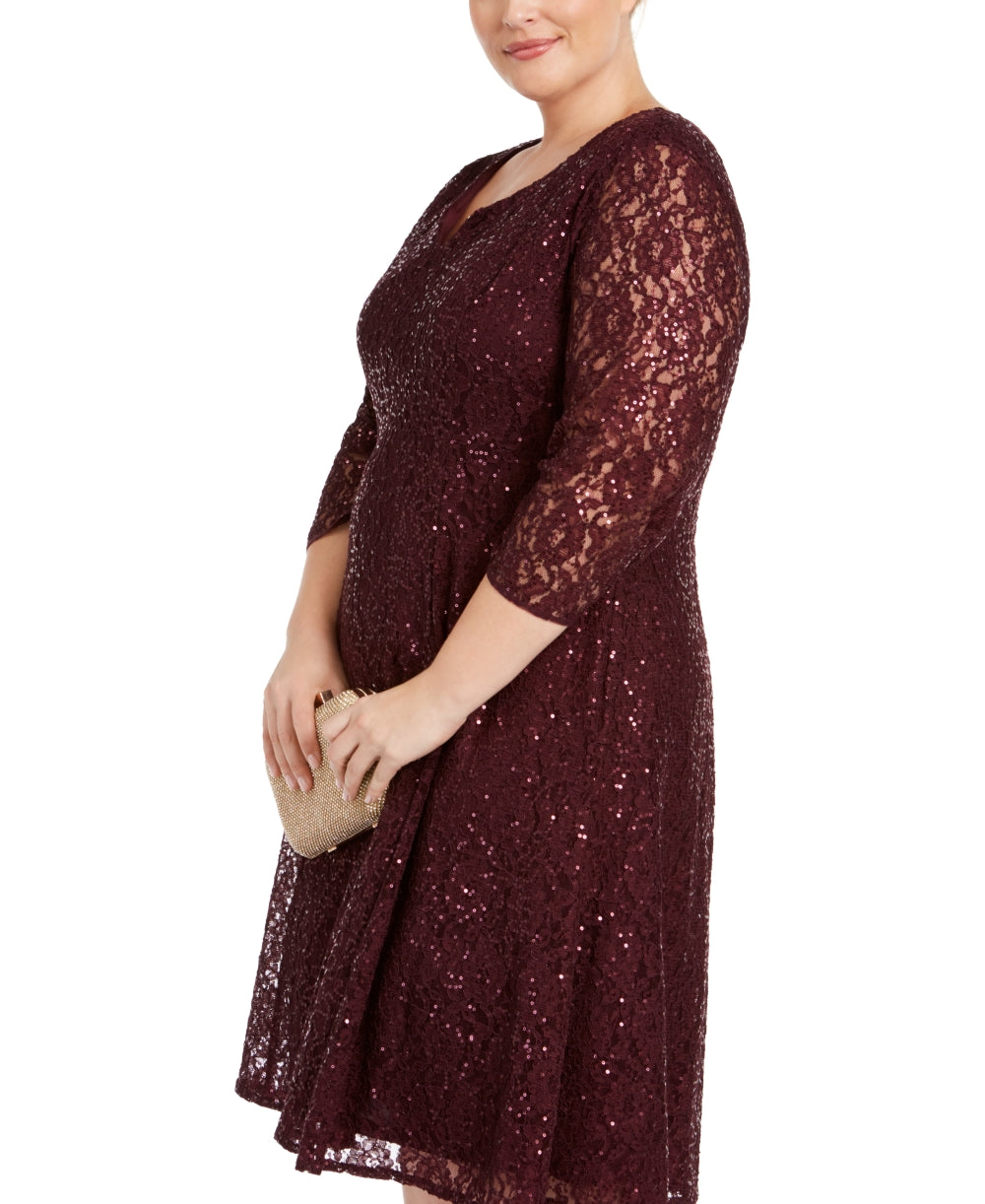 Vestido de renda com lantejoulas SLFashions feminino plus size vinho pequeno pequeno