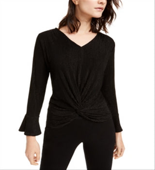 Blusa feminina Alfani com listras metálicas e nó frontal, preta, tamanho pequeno G