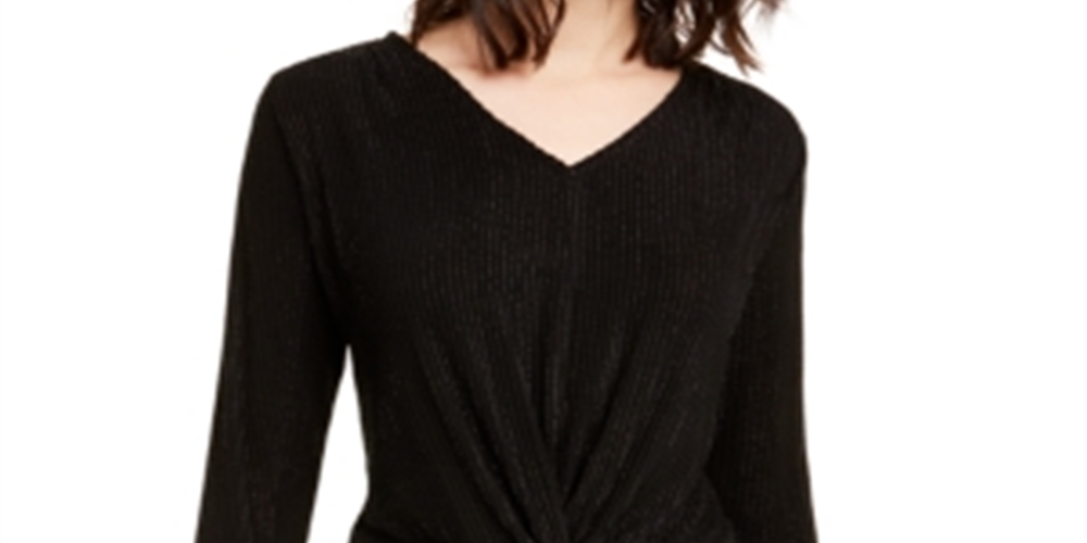 Blusa feminina Alfani com listras metálicas e nó frontal, preta, tamanho pequeno G