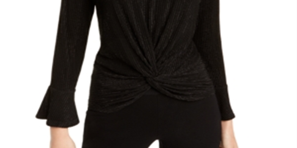 Blusa feminina Alfani com listras metálicas e nó frontal, preta, tamanho pequeno G