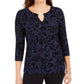 JM Collection Blusa feminina de veludo jacquard flocado, azul-marinho, tamanho pequeno