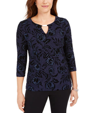 JM Collection Blusa feminina de veludo jacquard flocado, azul-marinho, tamanho pequeno