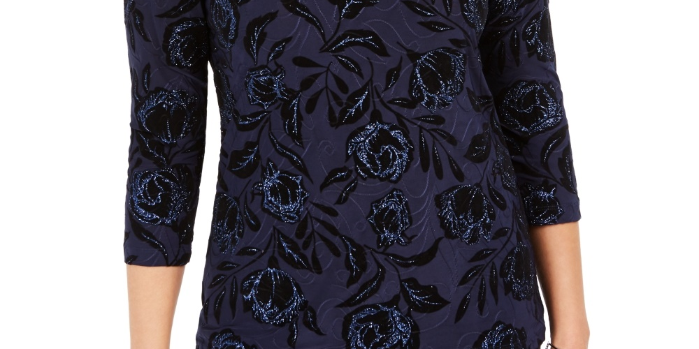 JM Collection Blusa feminina de veludo jacquard flocado, azul-marinho, tamanho pequeno