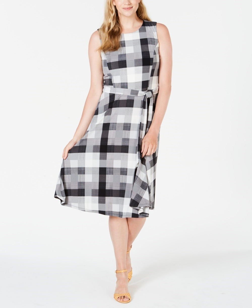 Vestido midi xadrez feminino Charter Club, preto, tamanho extragrande