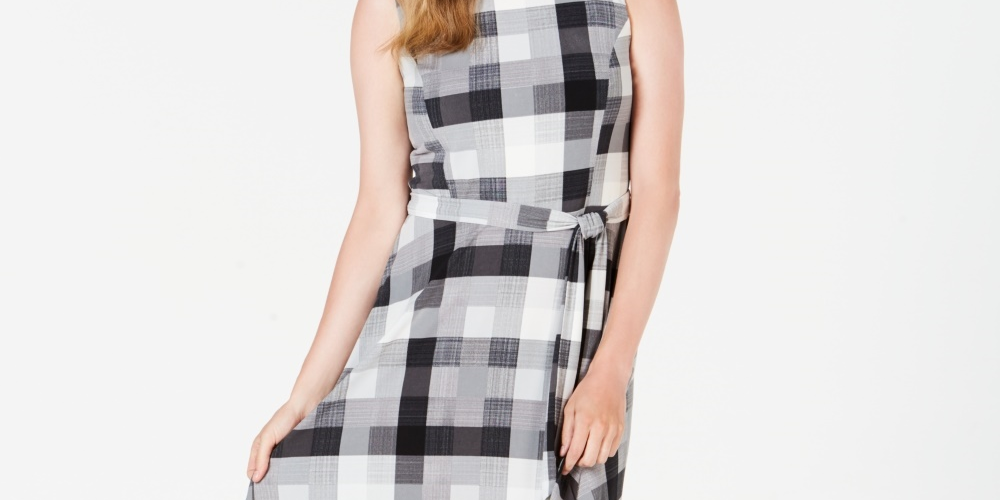 Vestido midi xadrez feminino Charter Club, preto, tamanho extragrande