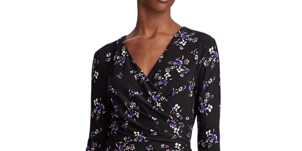 Vestido envelope feminino Ralph Lauren floral, manga comprida, decote em V, comprimento até o joelho, preto, tamanho 4