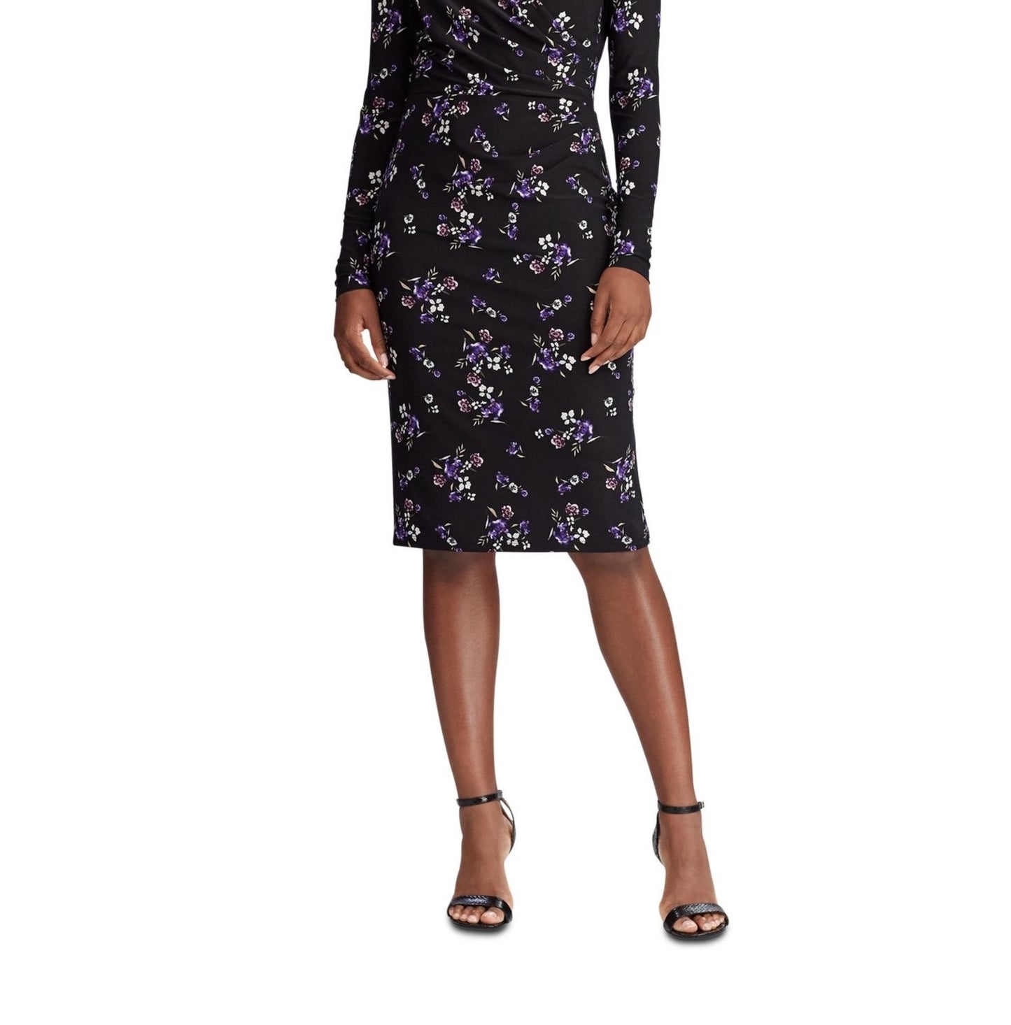 Vestido envelope feminino Ralph Lauren floral, manga comprida, decote em V, comprimento até o joelho, preto, tamanho 4