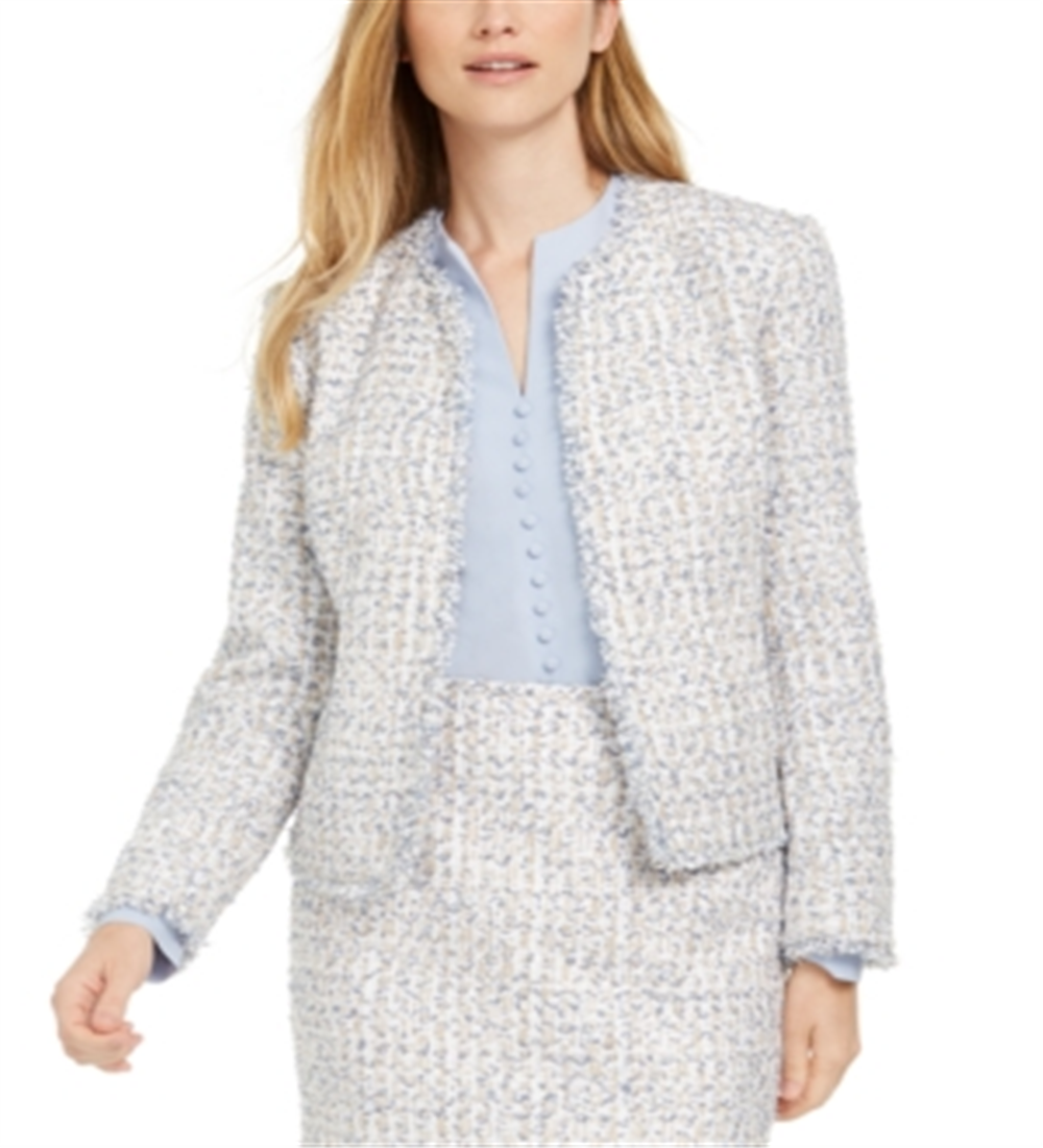 Jaqueta Calvin Klein Feminina de Tweed com Frente Aberta, Combinação Branca, Tamanho 2