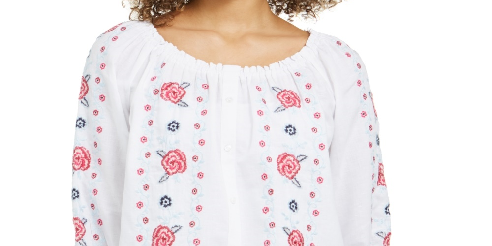 Blusa feminina Charter Club de linho com frente bordada, branca, tamanho XX-G