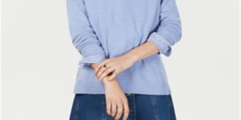 Suéter feminino de cashmere grande com gola redonda, azul, tamanho XS, da Charter Club