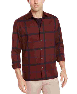 Camisa xadrez masculina Alfani Borgonha manga comprida ajuste clássico botões casual vermelho tamanho médio