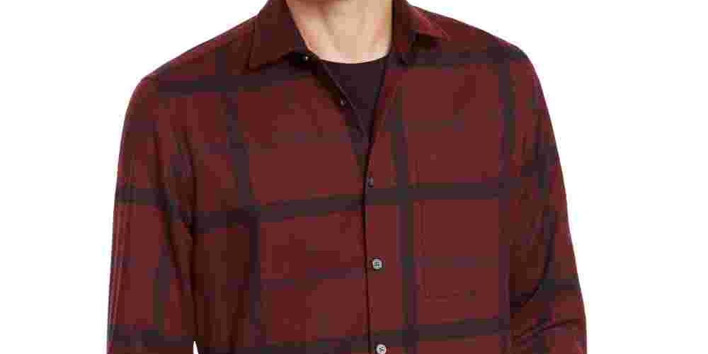 Camisa xadrez masculina Alfani Borgonha manga comprida ajuste clássico botões casual vermelho tamanho médio