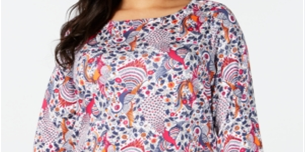 Camiseta feminina Charter Club Plus Cotton estampada com manga 3/4, verde, tamanho 2X