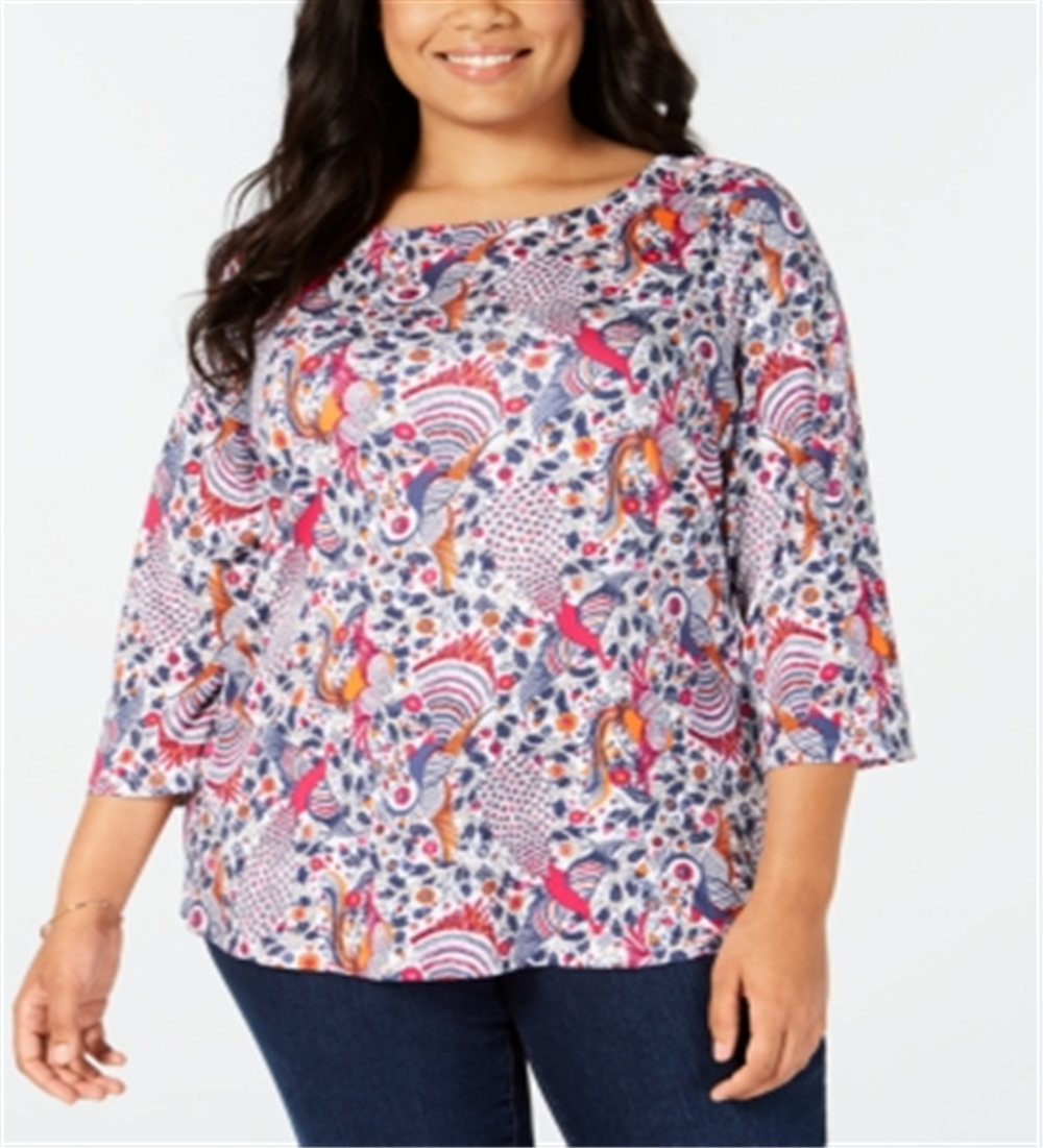 Charter Club Plus Cotton Printed Feminino Manga 3/4 Top Verde Vários Tamanhos 3X