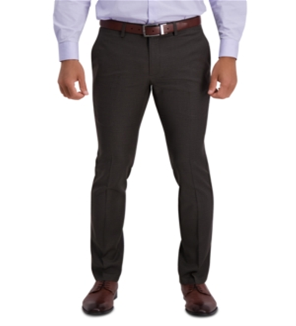 Calça social masculina Reaction Kenneth Cole, micro stretch, pied-de-poule, skinny fit, cós flexível, frente lisa, marrom, tamanho 29x30