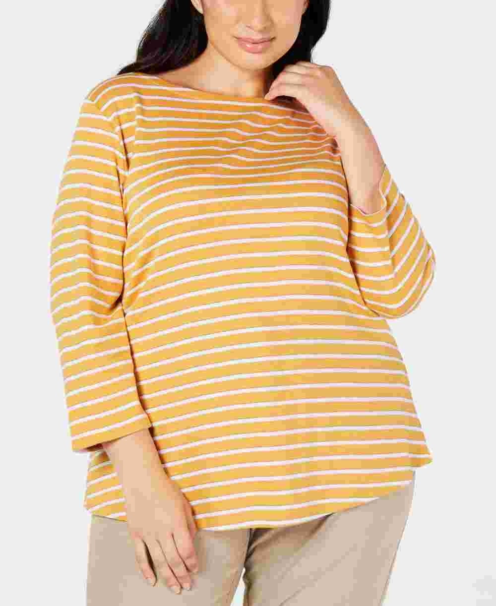 Charter Club Top feminino listrado plus size com decote canoa, amarelo, tamanho 2X