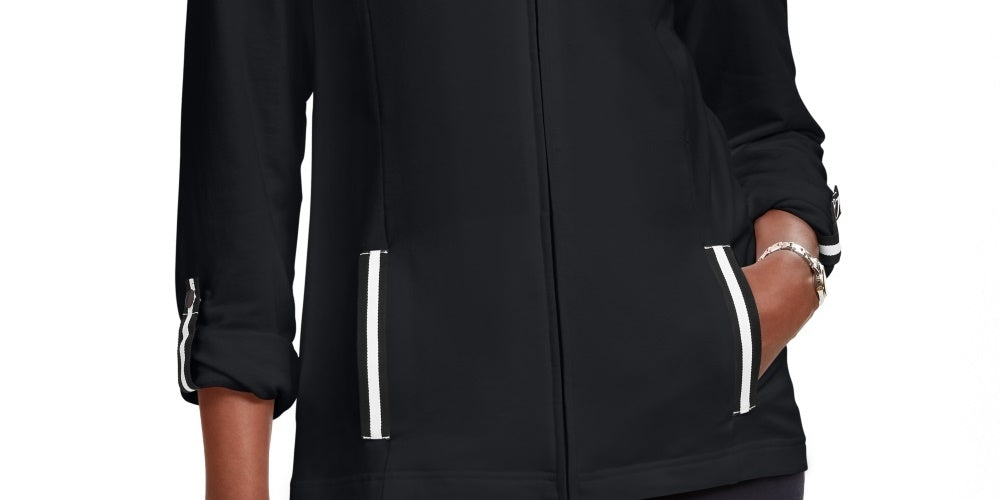 Jaqueta feminina Karen Scott Sport French Terry com acabamento em fita, preta, tamanho X-S