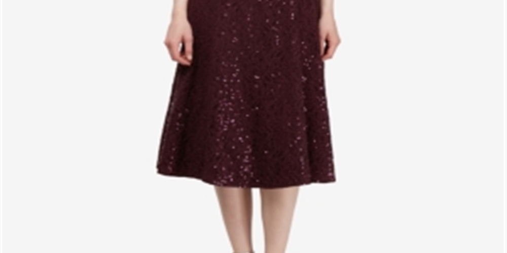 Vestido de coquetel feminino SLNY com lantejoulas e renda, manga 3/4, decote joia abaixo do joelho, vinho, tamanho 6