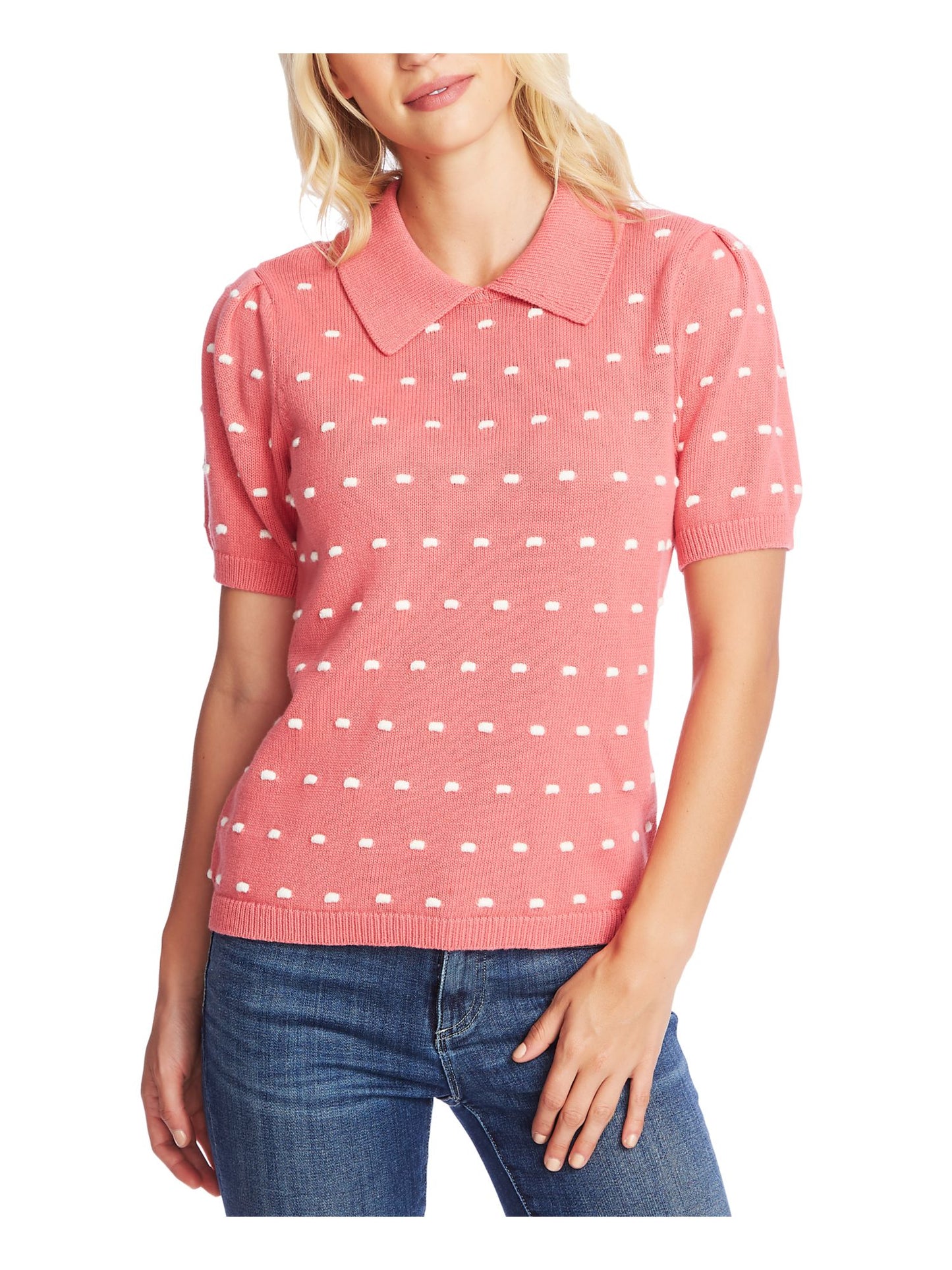 Camiseta feminina CeCe com estampa de bolinhas coral, manga curta e gola Peter Pan, rosa, tamanho M