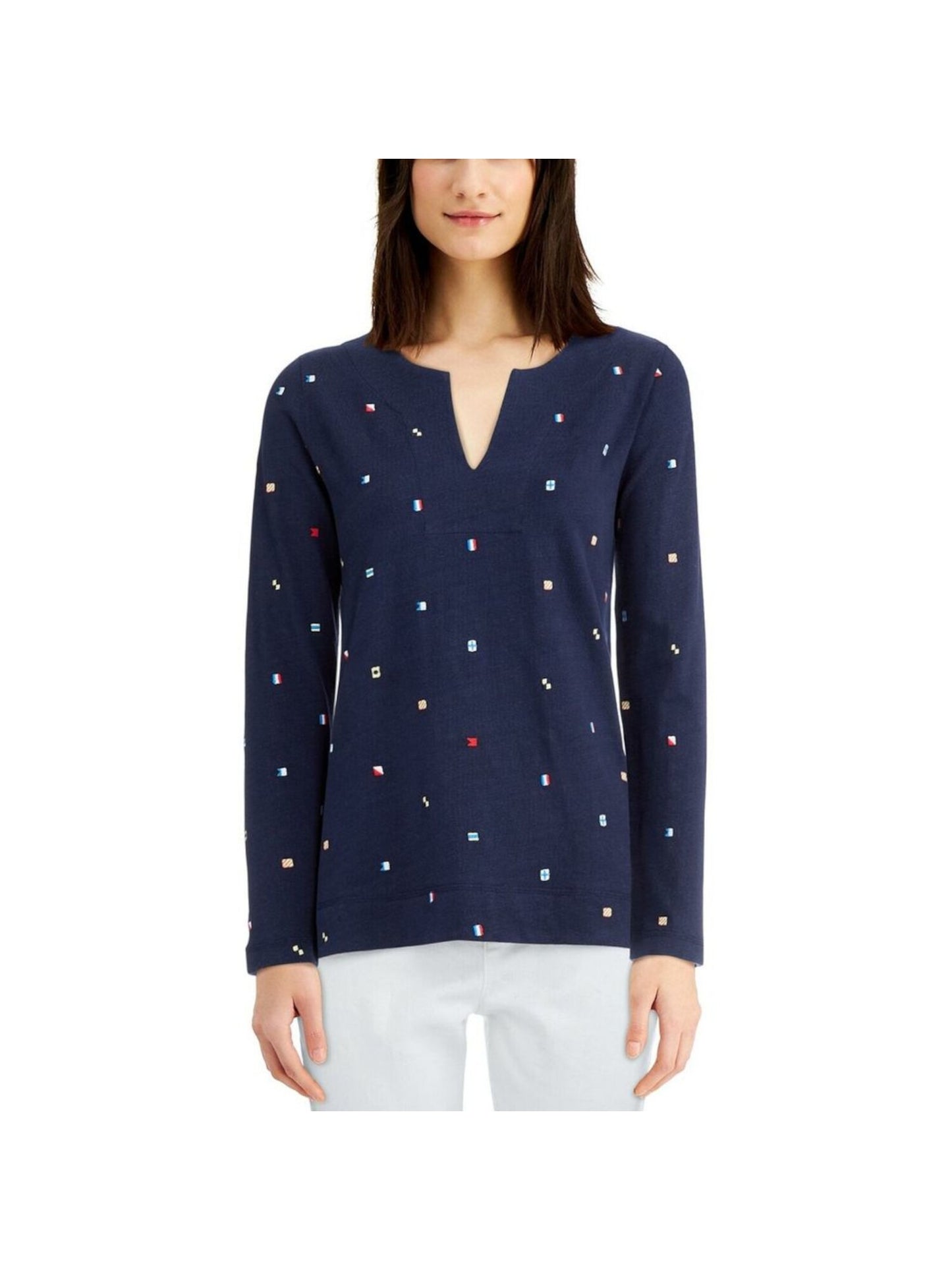 Camiseta feminina bordada de algodão Charter Club, azul, tamanho médio