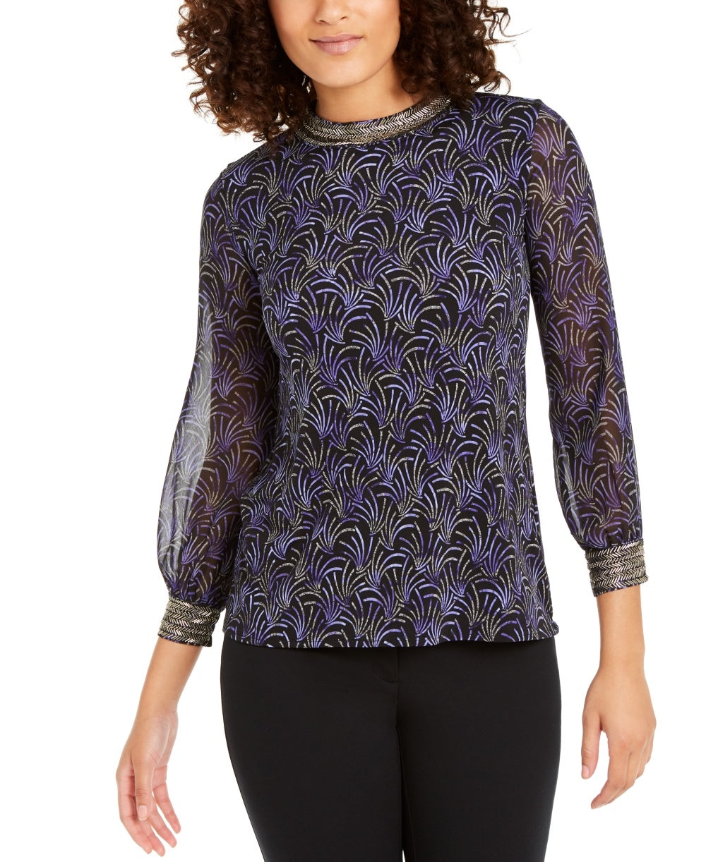 Blusa feminina Alfani com estampa e decote embelezado, preta, tamanho P