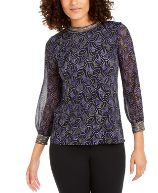 Blusa feminina Alfani com estampa e decote embelezado, preta, tamanho P