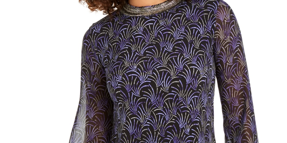 Blusa feminina Alfani com estampa e decote embelezado, preta, tamanho P