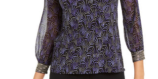 Blusa feminina Alfani com estampa e decote embelezado, preta, tamanho P