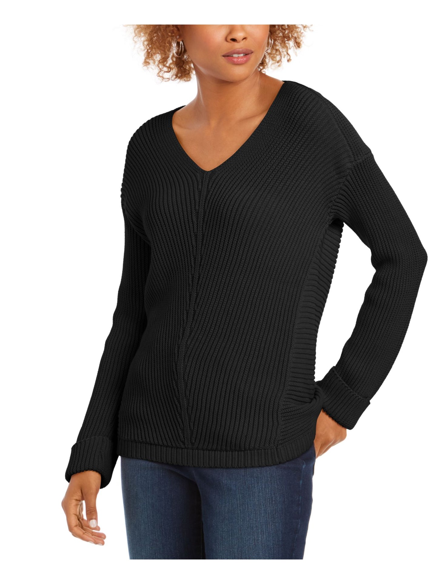 Camiseta feminina Charter Club lisa, manga comprida, gola V, preta, tamanho pequeno, extragrande