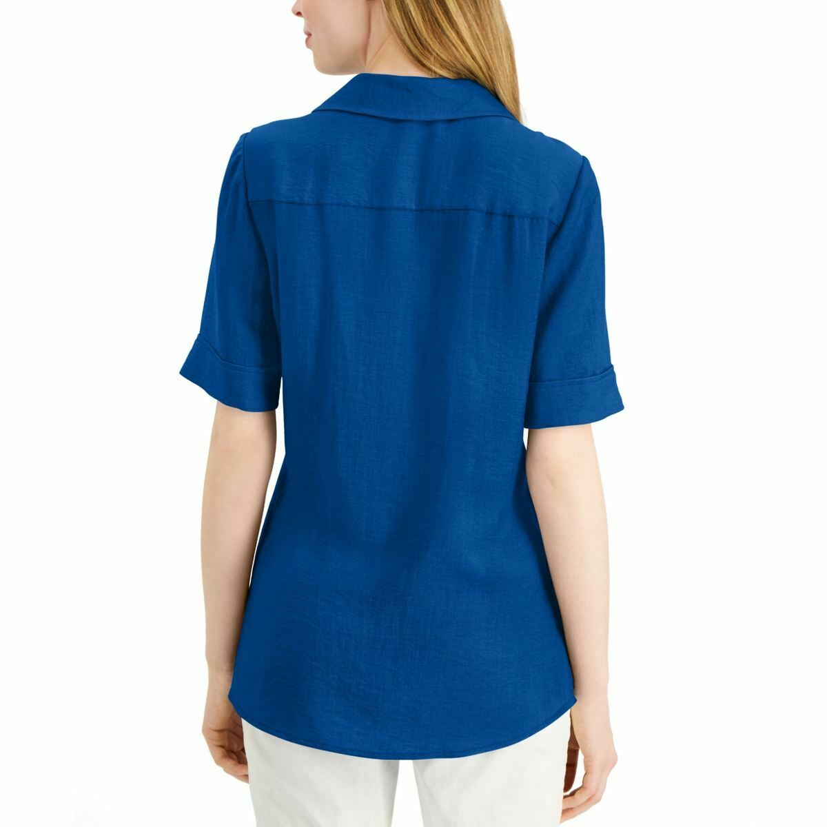 Blusa feminina Alfani com gola frontal drapeada, azul, tamanho pequeno, extragrande