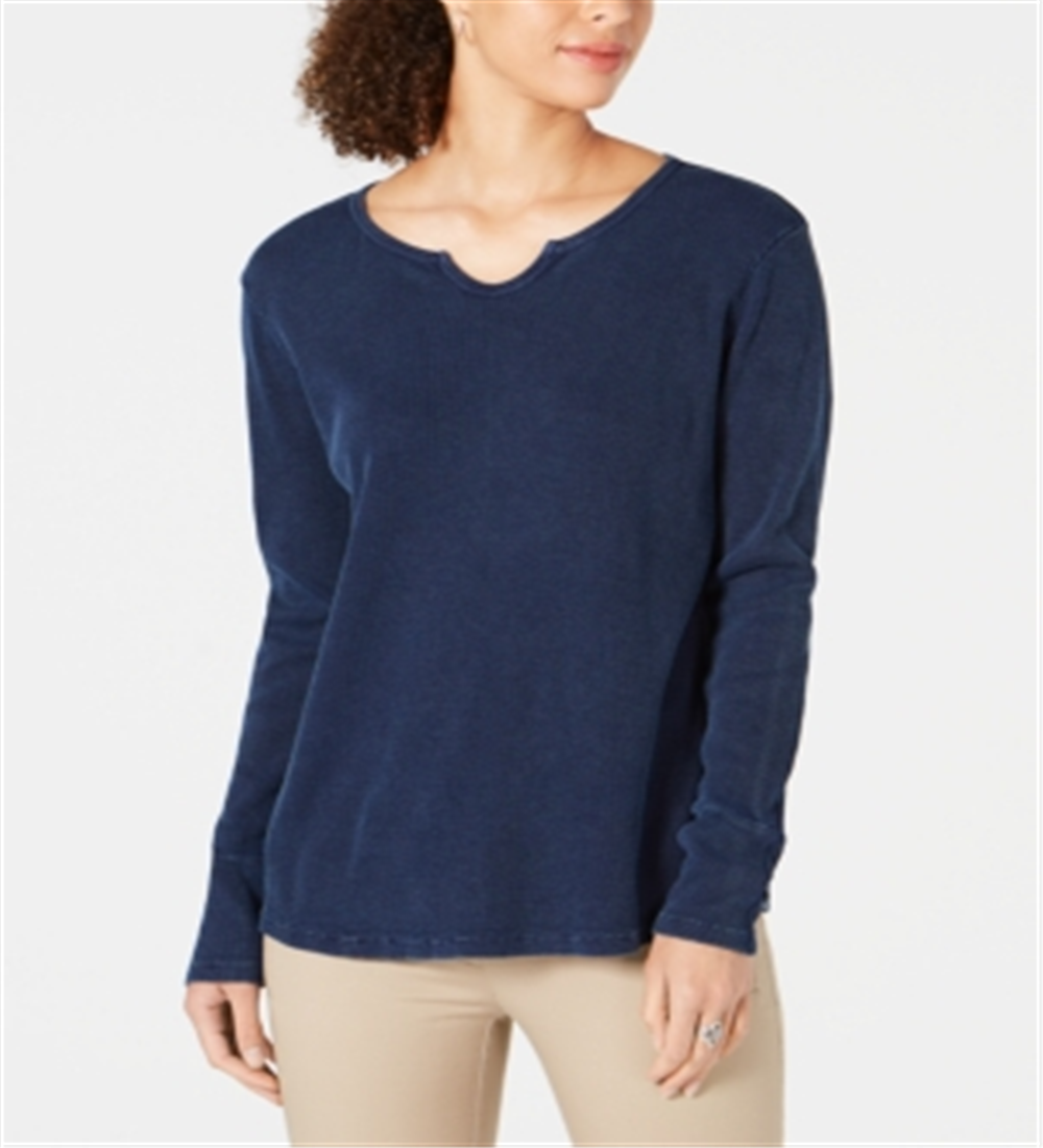Blusa térmica feminina de algodão com decote dividido e gola alta, azul, tamanho X-S