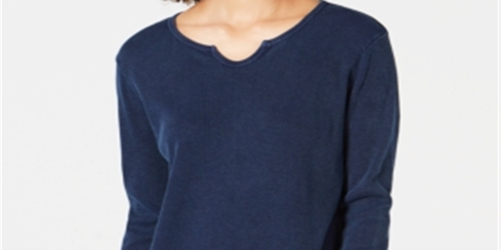 Blusa térmica feminina de algodão com decote dividido e gola alta, azul, tamanho X-S