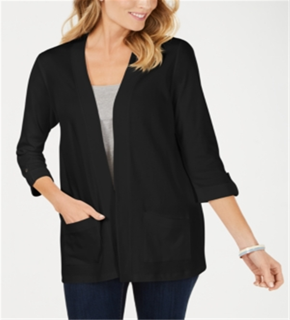 Karen Scott Cardigan feminino de algodão aconchegante, preto, tamanho X-S