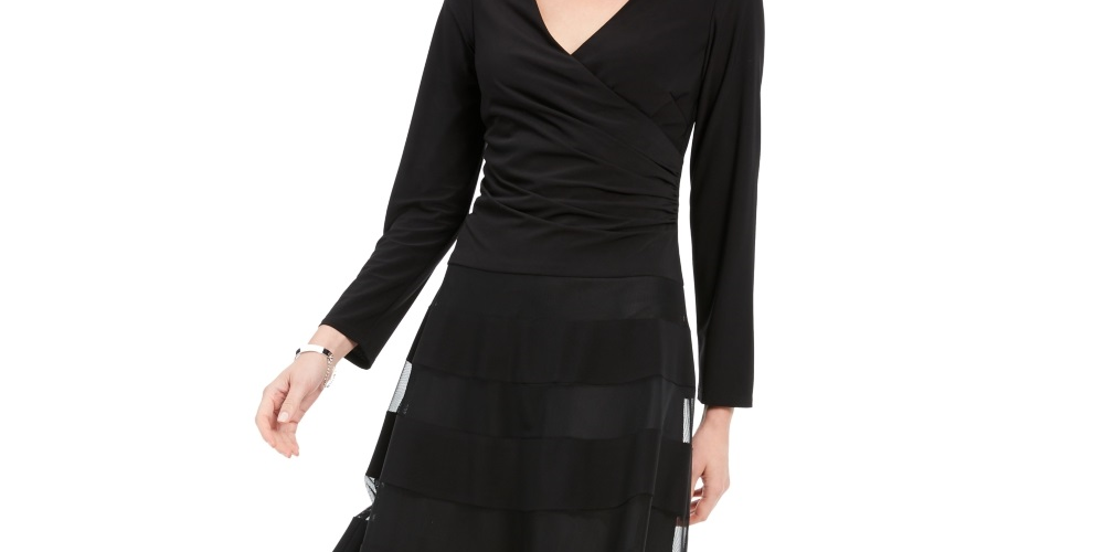 Vestido feminino R&amp;M Richards com manga comprida, decote em V, comprimento até o joelho, preto, tamanho 8 pequeno