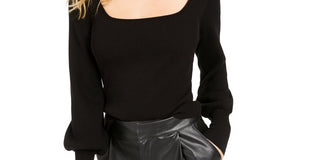 Suéter feminino Bar III de manga comprida e gola quadrada, preto, tamanho médio