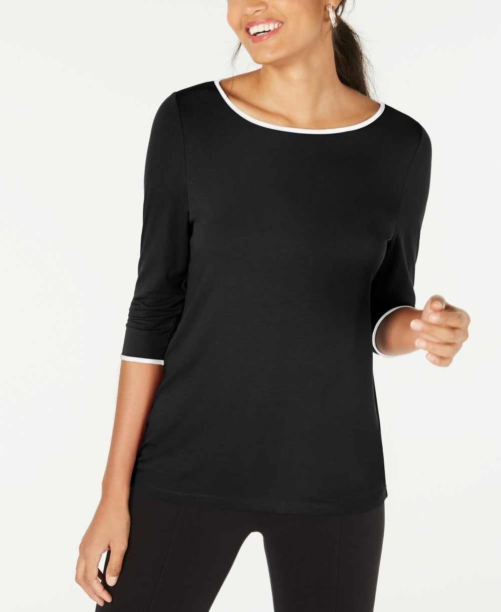 Camiseta feminina Alfani com decote 3/4 e manga curta, preta, tamanho P