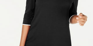 Camiseta feminina Alfani com decote 3/4 e manga curta, preta, tamanho P