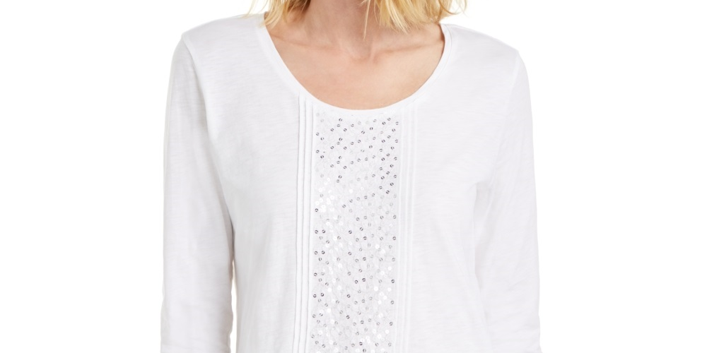 JM Collection Top feminino com decote redondo e lantejoulas, branco, tamanho pequeno