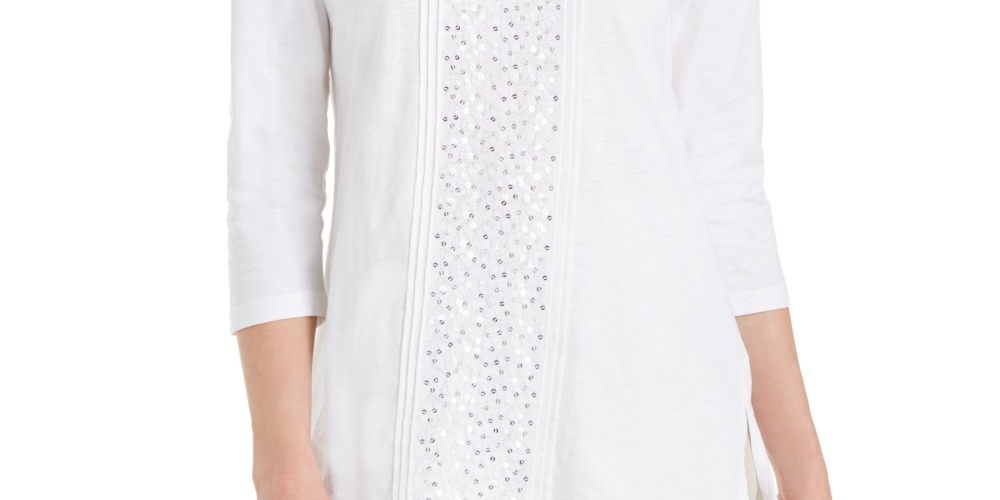 JM Collection Top feminino com decote redondo e lantejoulas, branco, tamanho pequeno