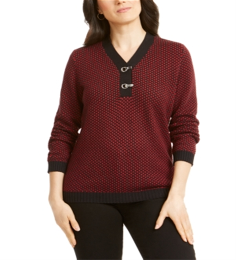 Karen Scott Suéter Henley de algodão bicolor feminino, vermelho, tamanho pequeno P