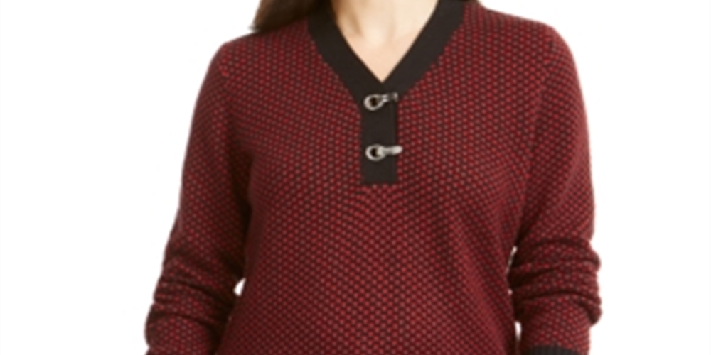 Karen Scott Suéter Henley de algodão bicolor feminino, vermelho, tamanho pequeno P