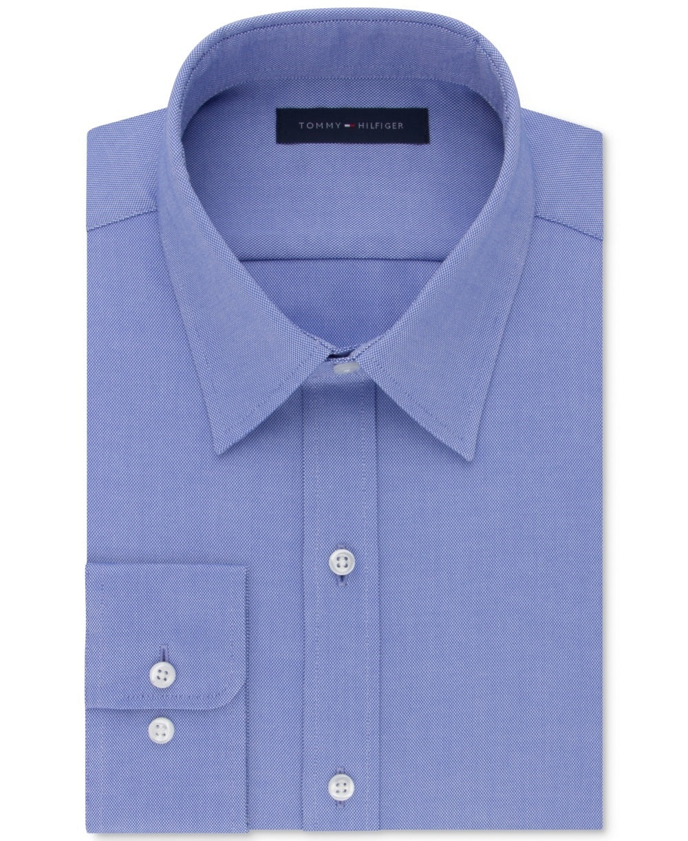 Camisa social masculina Tommy Hilfiger com gola estampada e ajuste clássico, elástica, azul, tamanho 15,5 x 32-33