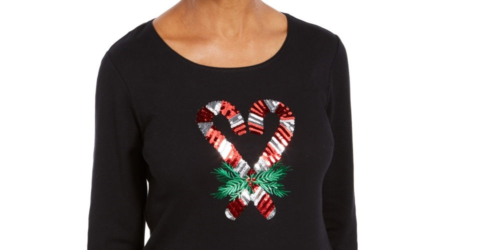 Camisa feminina Karen Scott Candy Cane com lantejoulas, preta, tamanho extragrande