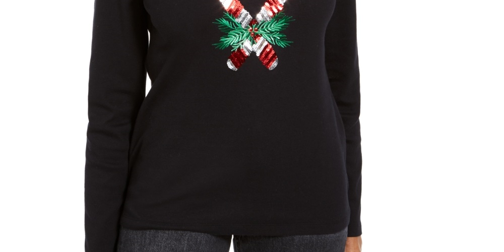 Camisa feminina Karen Scott Candy Cane com lantejoulas, preta, tamanho extragrande