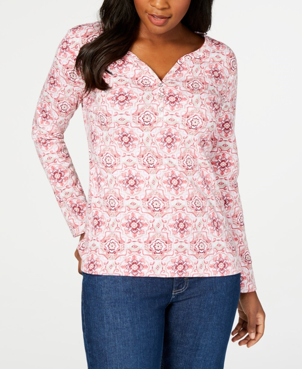 Karen Scott Feminino Manga 3/4 Estampado Henley Rosa Tamanho Grande