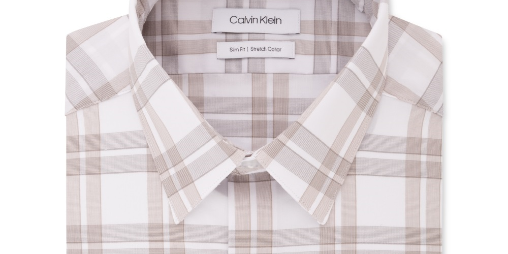 Camisa social masculina Calvin Klein com estampa de logotipo, corte slim, gola elástica, bege, tamanho 14,5 x 32 x 33